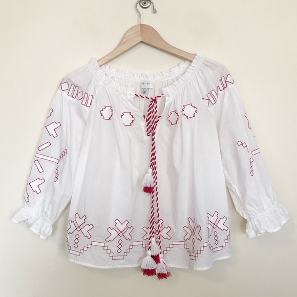 Harlyn Anthro Farina Embroidered Flowy Cotton Boho peasant tassel blouse topS - Picture 3 of 13